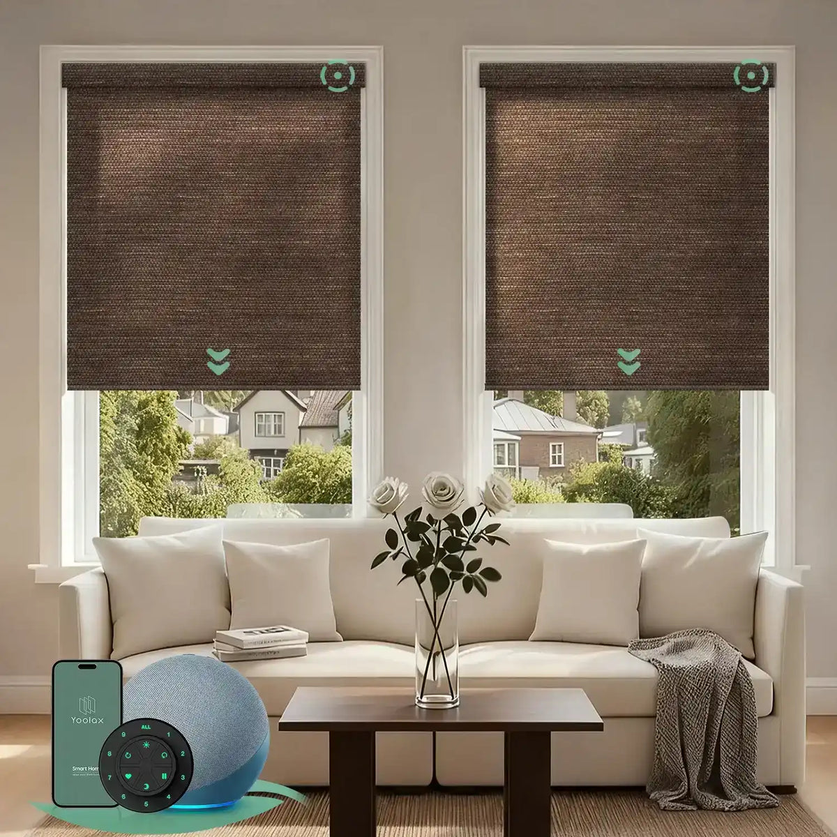 Motorized light filtering roller shades with eco cocoa fabric, delivering soft daylight while minimizing glare.