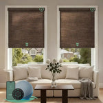 Motorized light filtering roller shades with eco cocoa fabric, delivering soft daylight while minimizing glare.
