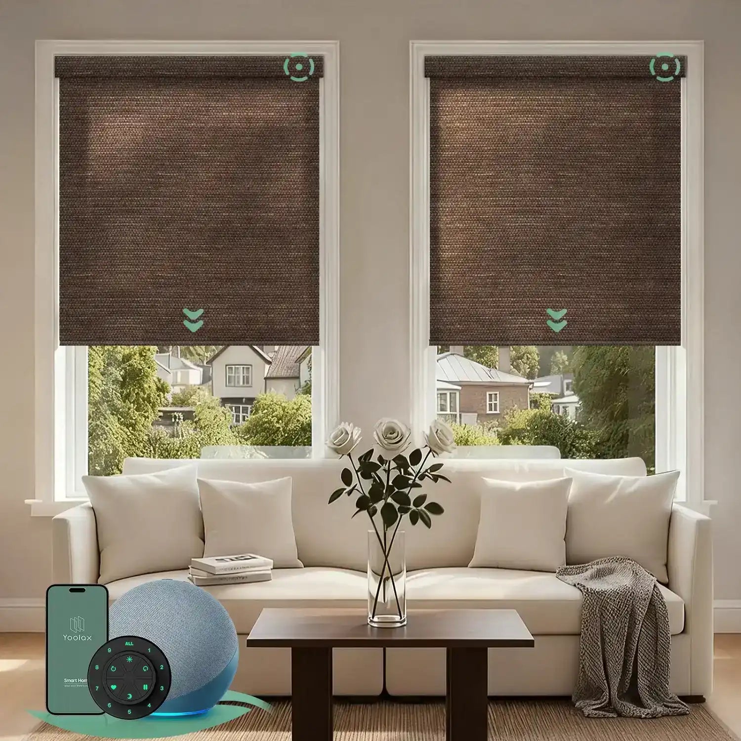Motorized light filtering roller shades with eco cocoa fabric, delivering soft daylight while minimizing glare.