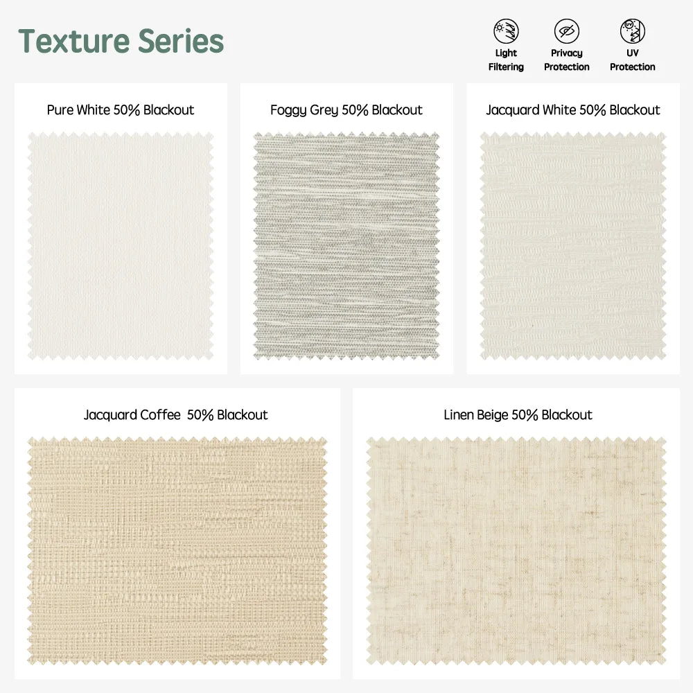 Texture series motorized light-filtering roller shades — Pure White, Foggy Grey, Jacquard White, Jacquard Coffee, Linen Beige.