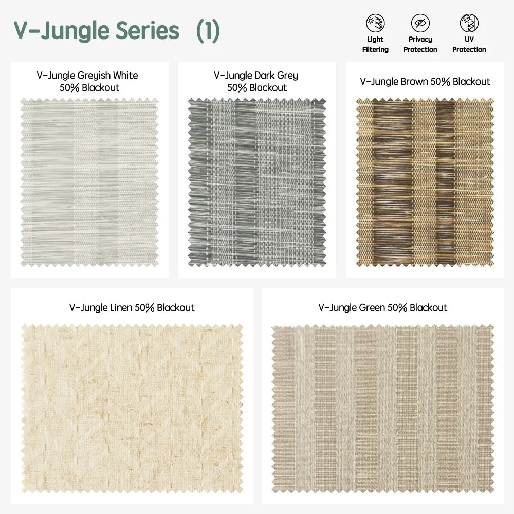 V-jungle series motorized light-filtering roller shades — Greyish White, Dark Grey, Brown, Linen, Green.