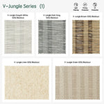 V-jungle series motorized light-filtering roller shades — Greyish White, Dark Grey, Brown, Linen, Green.