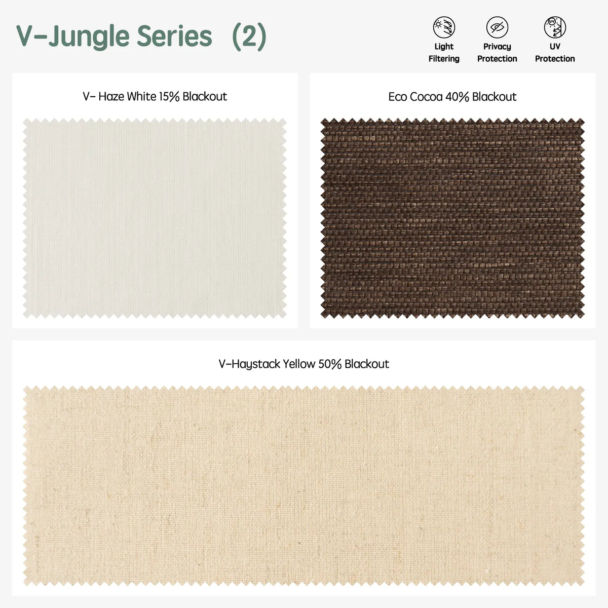 V-jungle series motorized light-filtering roller shades — Haze White, Eco Cocoa, Haystack Yellow.