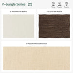 V-jungle series motorized light-filtering roller shades — Haze White, Eco Cocoa, Haystack Yellow.