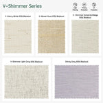 V-shimmer series motorized light-filtering roller shades —Starry White, Woven Dune, Horizontal Beige, Light Grey, Shinny Grey.