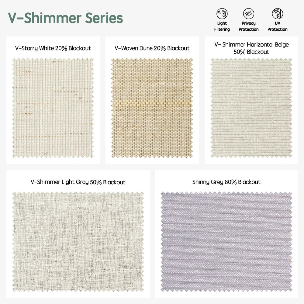 V-shimmer series motorized light-filtering roller shades —Starry White, Woven Dune, Horizontal Beige, Light Grey, Shinny Grey.