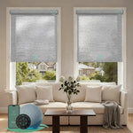 Motorized light filtering roller shades with foggy grey fabric, delivering soft daylight while minimizing glare.