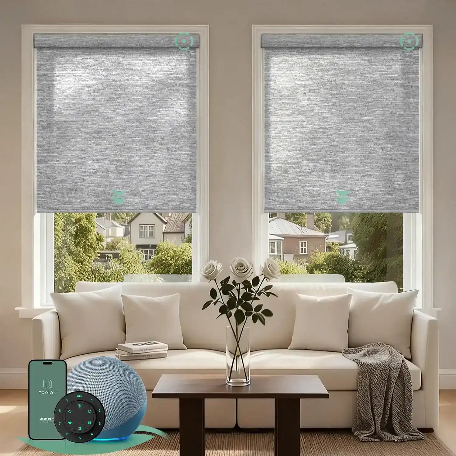 Motorized light filtering roller shades with foggy grey fabric, delivering soft daylight while minimizing glare.