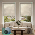 Motorized light filtering roller shades with jacquard coffee fabric, delivering soft daylight while minimizing glare.