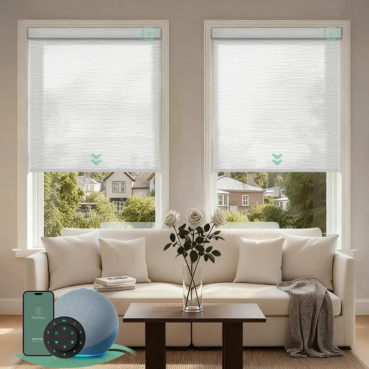Motorized light filtering roller shades with jacquard white fabric, delivering soft daylight while minimizing glare.