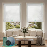 Motorized light filtering roller shades with jacquard white fabric, delivering soft daylight while minimizing glare.