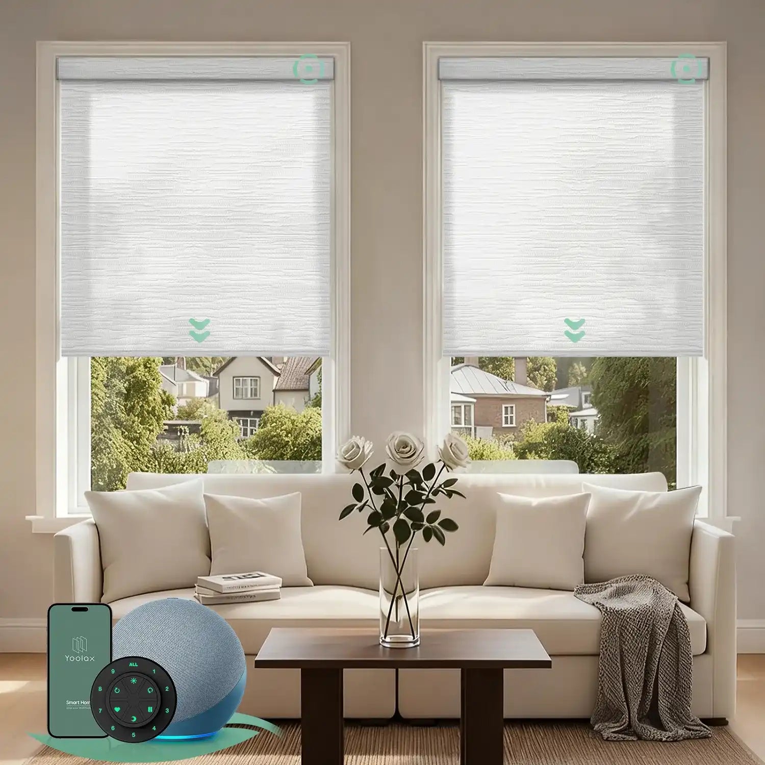 Motorized light filtering roller shades with jacquard white fabric, delivering soft daylight while minimizing glare.