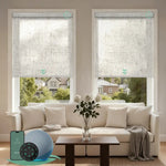 Motorized light filtering roller shades with linen beige fabric, delivering soft daylight while minimizing glare.
