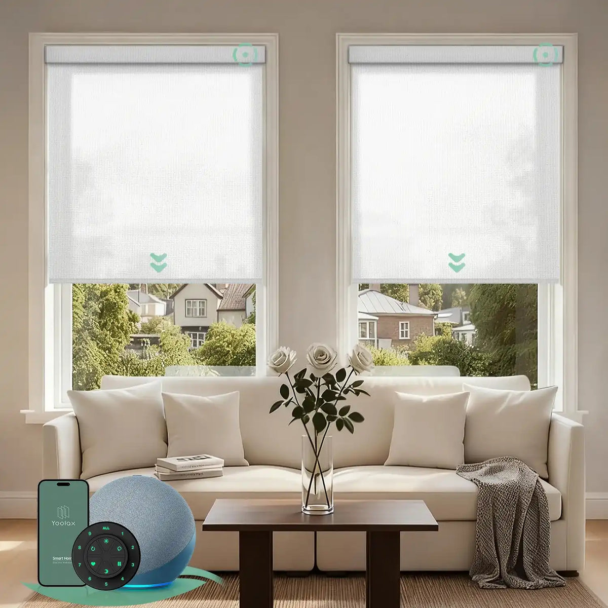 Motorized light filtering roller shades with pure white fabric, delivering soft daylight while minimizing glare.