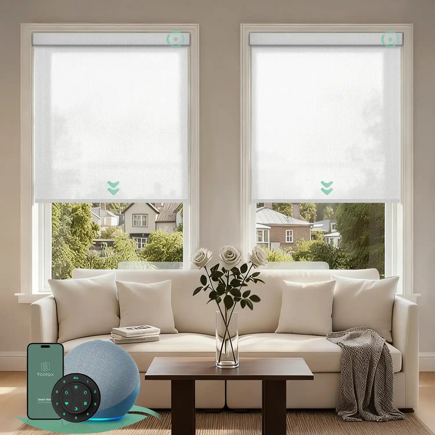 Motorized light filtering roller shades with pure white fabric, delivering soft daylight while minimizing glare.