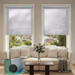 Motorized light filtering roller shades with shinny grey fabric, delivering soft daylight while minimizing glare.