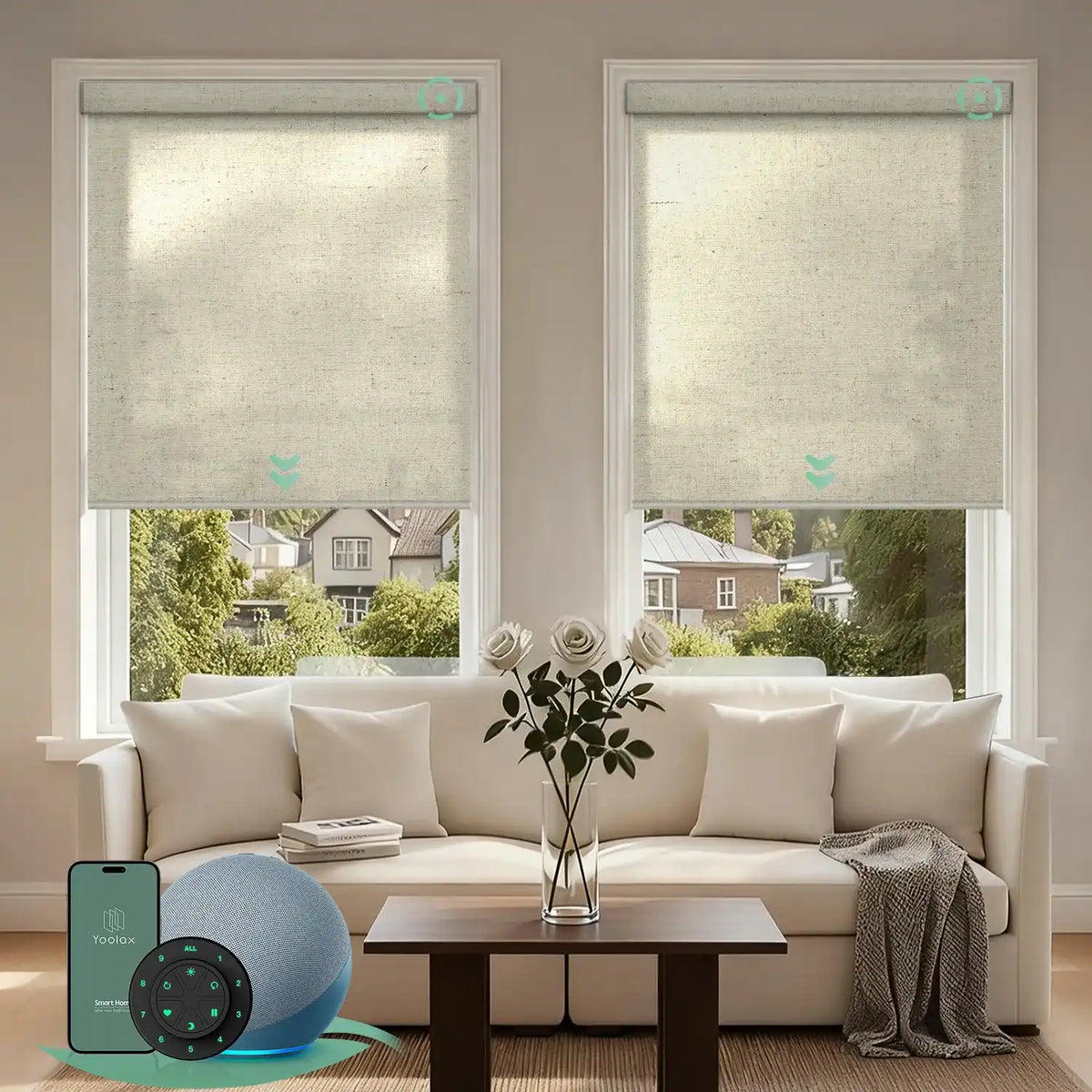 Motorized light filtering roller shades with v-haystack yellow fabric, delivering soft daylight while minimizing glare.