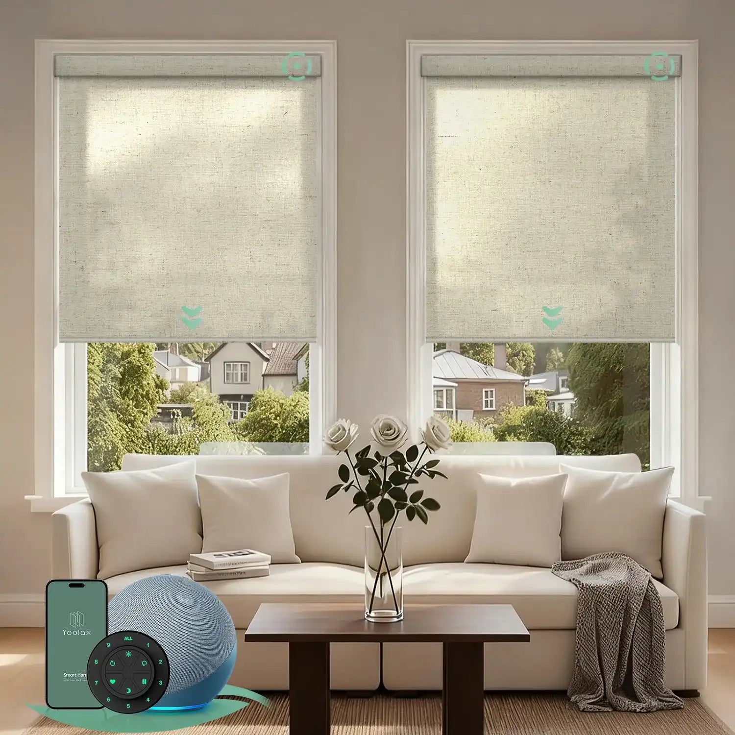 Motorized light filtering roller shades with v-haystack yellow fabric, delivering soft daylight while minimizing glare.
