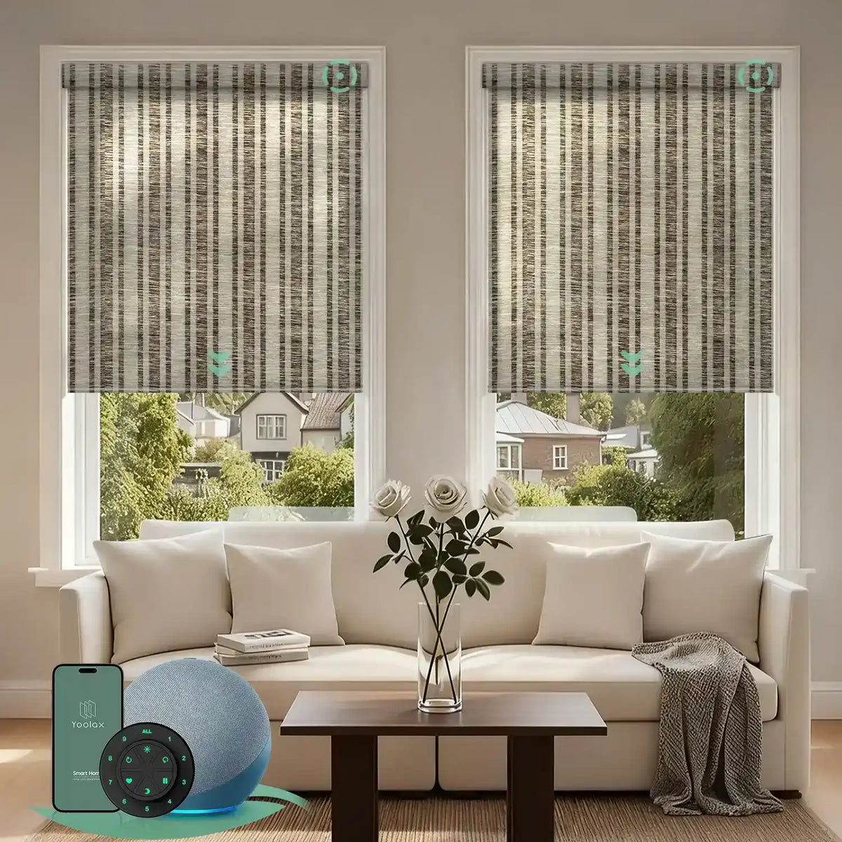 Motorized light filtering roller shades with v-jungle brown fabric, delivering soft daylight while minimizing glare.