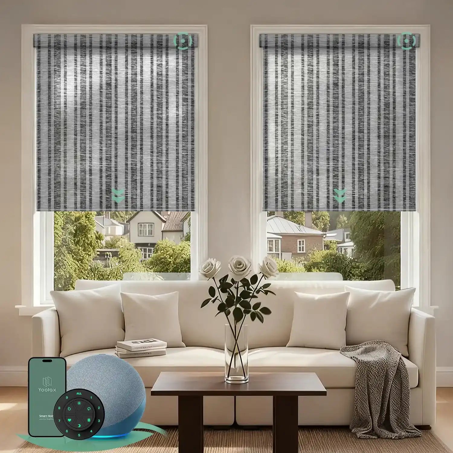 Motorized light filtering roller shades with v-jungle dark grey fabric, delivering soft daylight while minimizing glare.