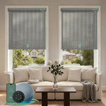 Motorized light filtering roller shades with v-jungle green fabric, delivering soft daylight while minimizing glare.