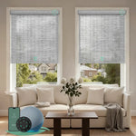 Motorized light filtering roller shades with v-jungle greyish white fabric, delivering soft daylight while minimizing glare.