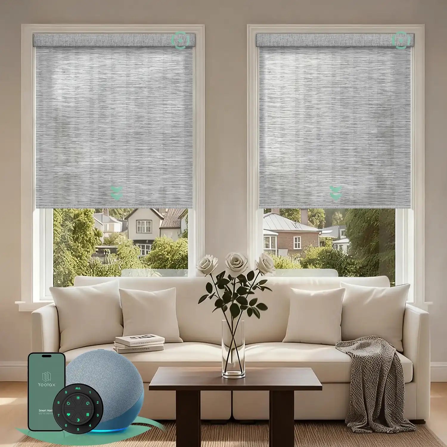 Motorized light filtering roller shades with v-jungle greyish white fabric, delivering soft daylight while minimizing glare.