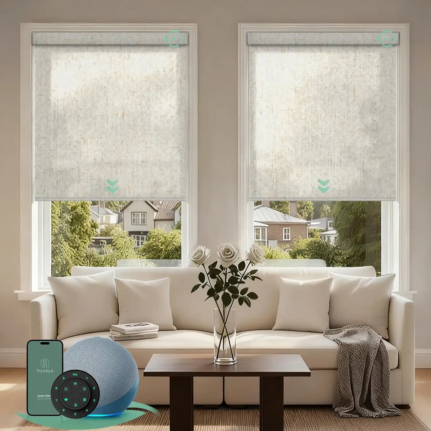 Motorized light filtering roller shades with v-jungle linen fabric, delivering soft daylight while minimizing glare.