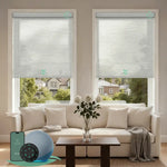 Motorized light filtering roller shades with v-shimmer horizontal beige fabric, delivering soft daylight while minimizing glare.