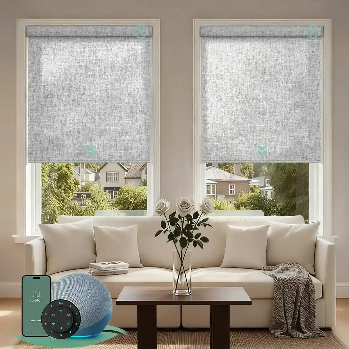 Motorized light filtering roller shades with v-shimmer light gray fabric, delivering soft daylight while minimizing glare.