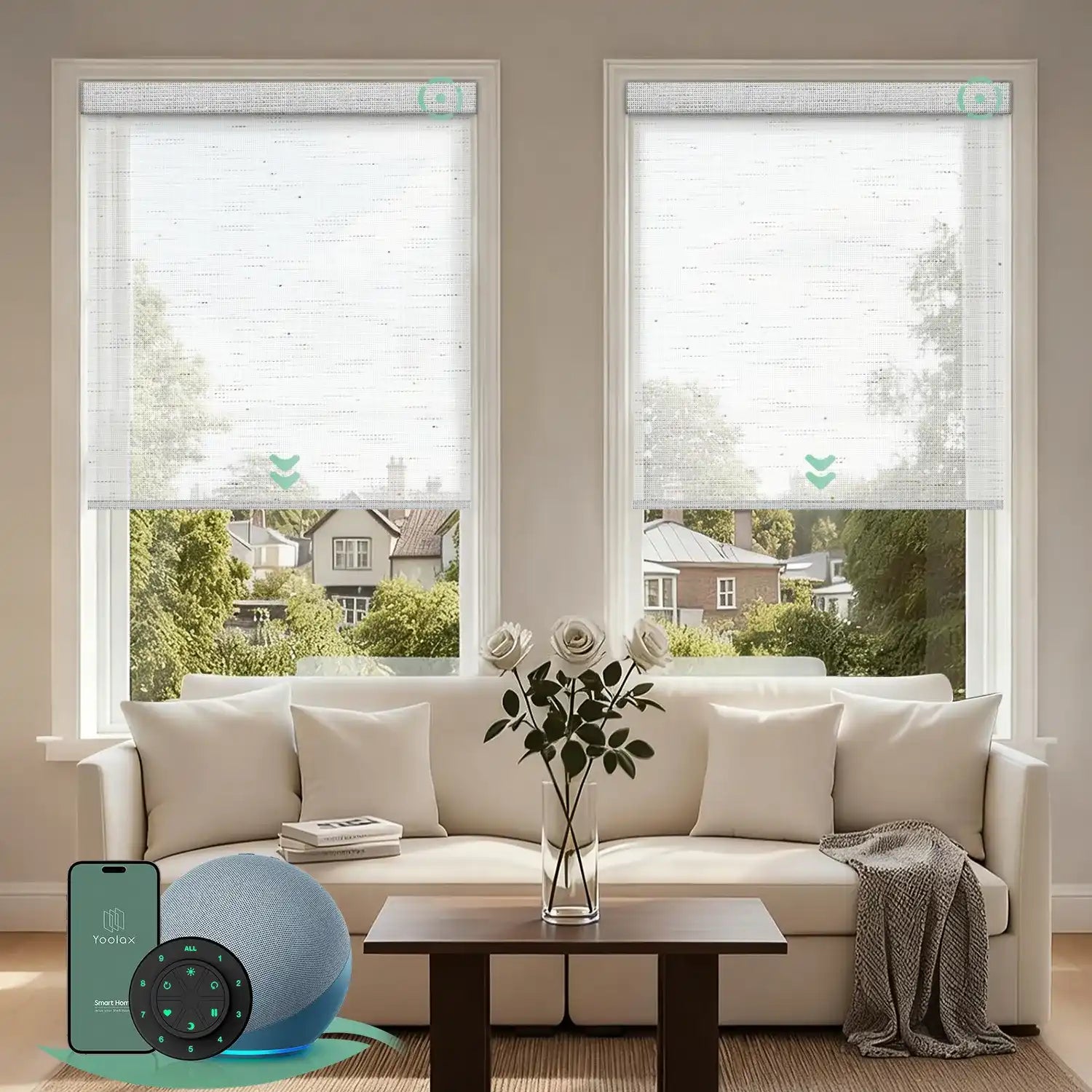 Motorized light filtering roller shades with v-starry white fabric, delivering soft daylight while minimizing glare.