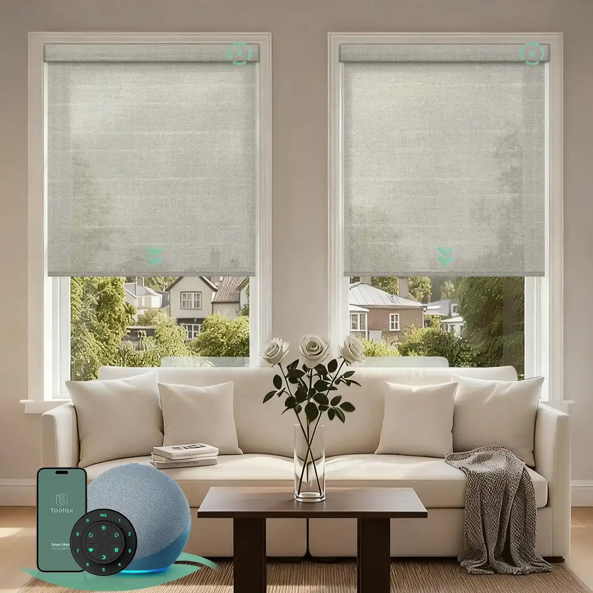 Motorized light filtering roller shades with v-woven dune fabric, delivering soft daylight while minimizing glare.