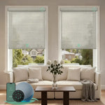 Motorized light filtering roller shades with v-woven dune fabric, delivering soft daylight while minimizing glare.