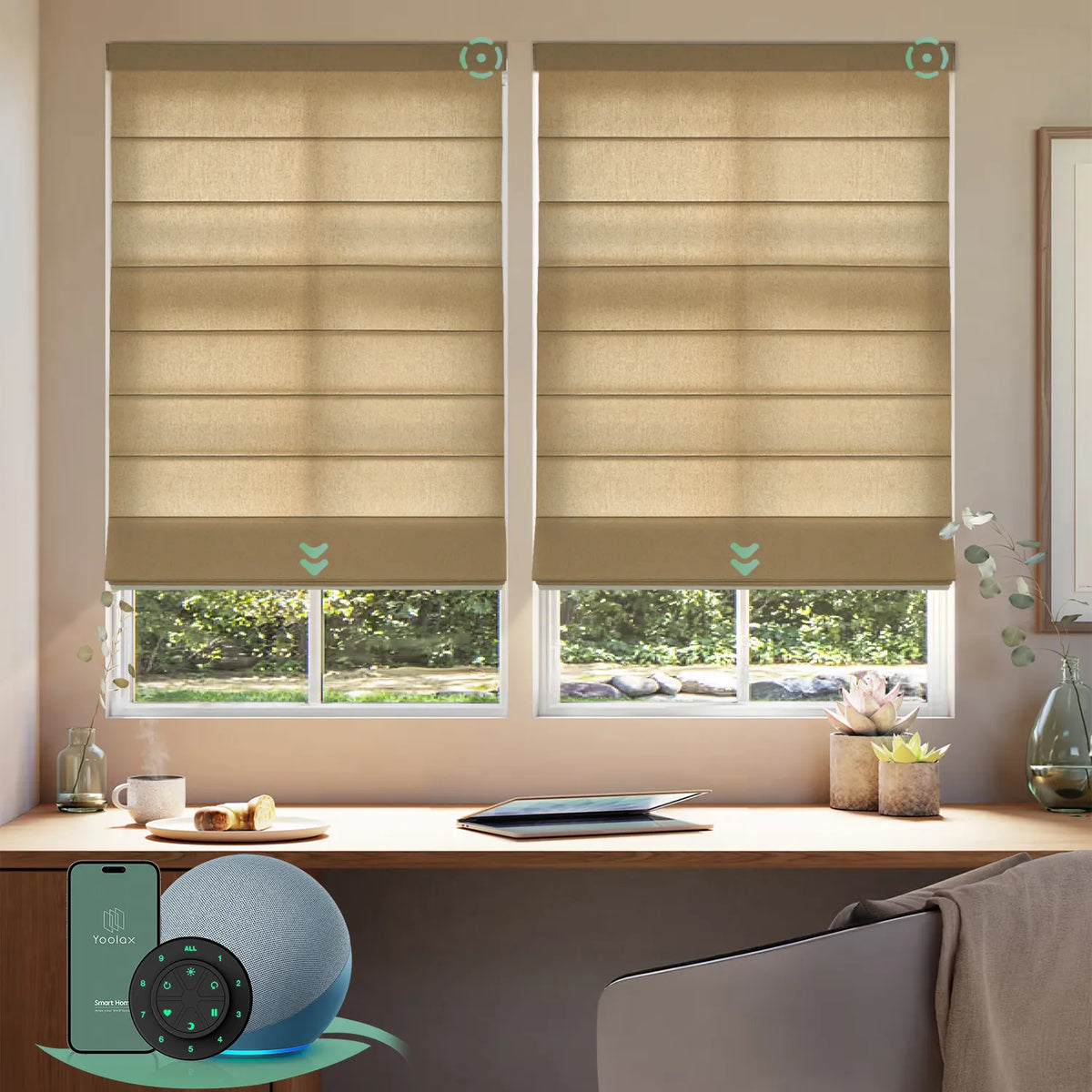 Motorized light filtering roman shades with haystack yellow fabric, designed with a vintage romantic feel while providing superior light control and privacy
