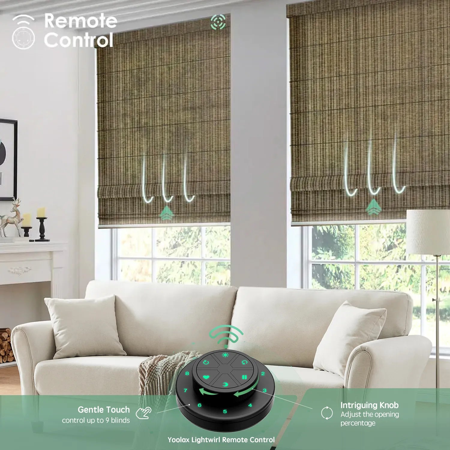 Control up to 9 light filtering roman shades simultaneously with remote