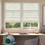 Motorized light filtering roman shades with starry white fabric, designed with a vintage romantic feel while providing superior light control and privacy