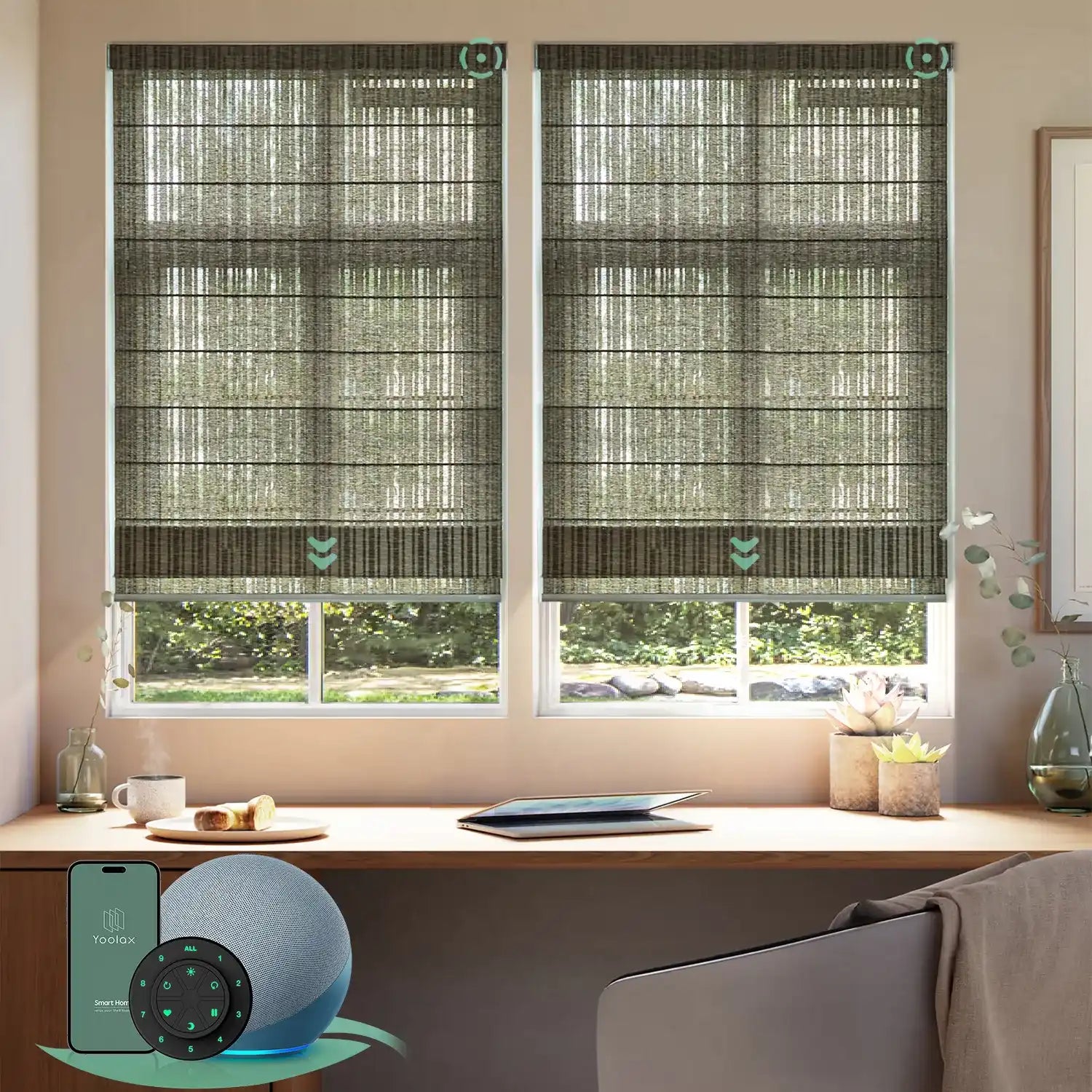 Motorized light filtering roman shades with strip brown fabric, designed with a vintage romantic feel while providing superior light control and privacy