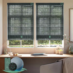 Motorized light filtering roman shades with strip dark grey fabric, designed with a vintage romantic feel while providing superior light control and privacy