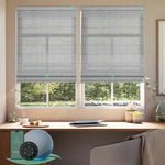 Motorized light filtering roman shades with strip light grey fabric, designed with a vintage romantic feel while providing superior light control and privacy