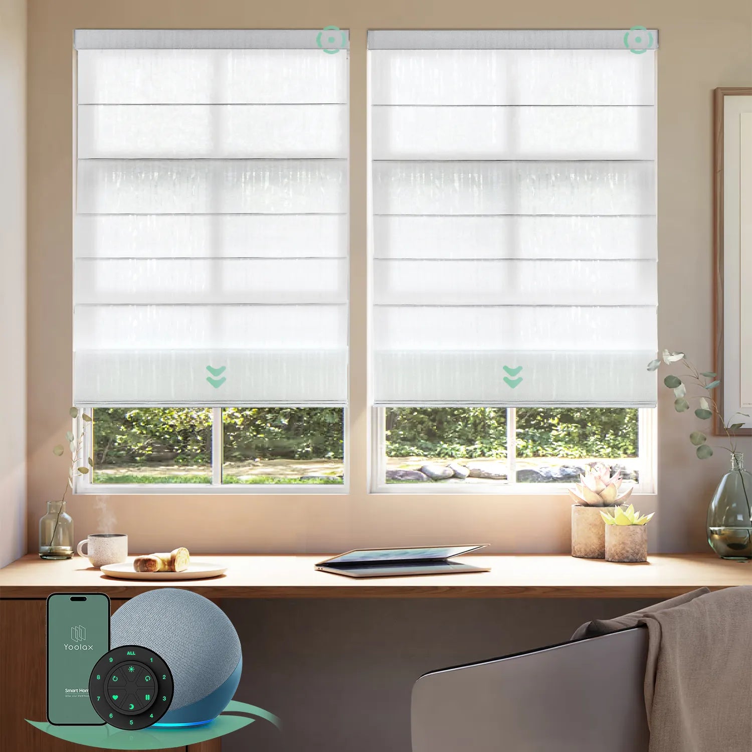 Motorized light filtering roman shades with strip white fabric, designed with a vintage romantic feel while providing superior light control and privacy