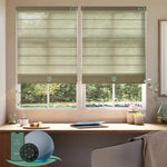 Motorized light filtering roman shades with woven dune fabric, designed with a vintage romantic feel while providing superior light control and privacy