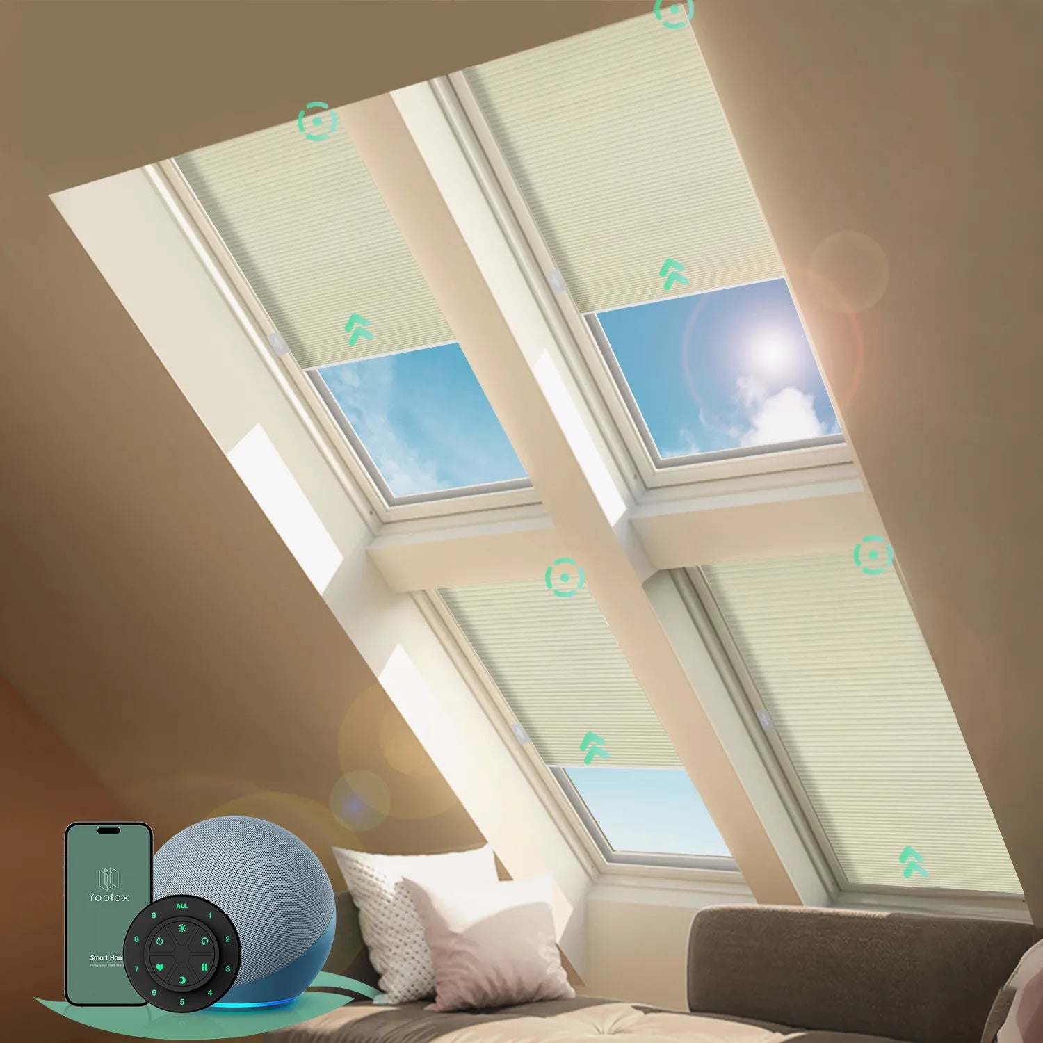 Motorized skylight shades with light-filtering beige fabric, effectively filtering sunlight to reduce glare and heat, creating a comfortable indoor environment.