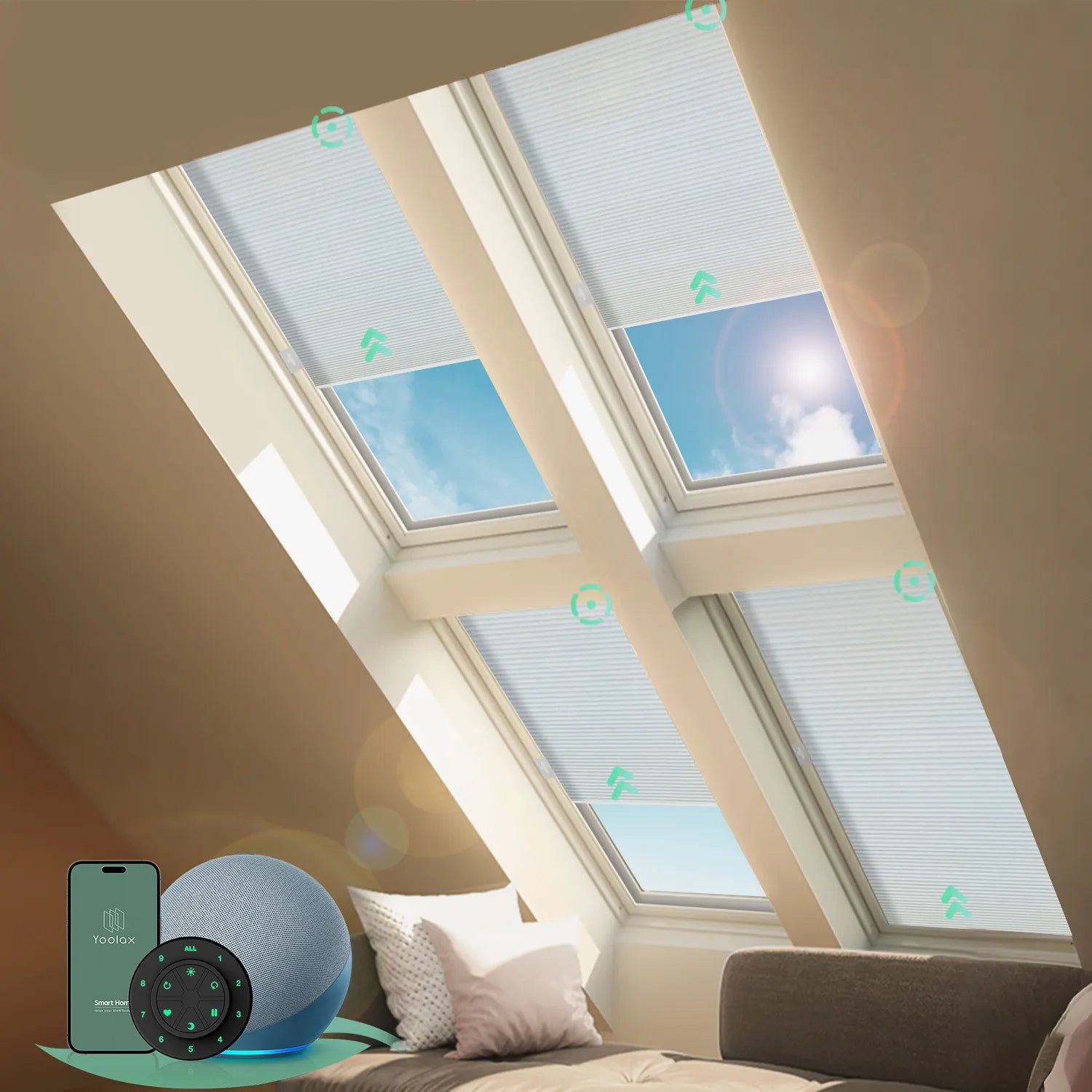 Motorized skylight shades with light-filtering white fabric, effectively filtering sunlight to reduce glare and heat, creating a comfortable indoor environment.