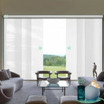 Motorized light filtering vertical panel blinds in starry white with hardwired motor, ideal for sliding doors and wide windows in living room.