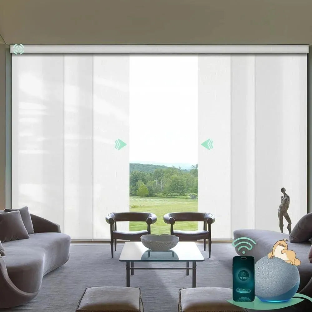 Motorized light filtering vertical panel blinds in starry white with hardwired motor, ideal for sliding doors and wide windows in living room.