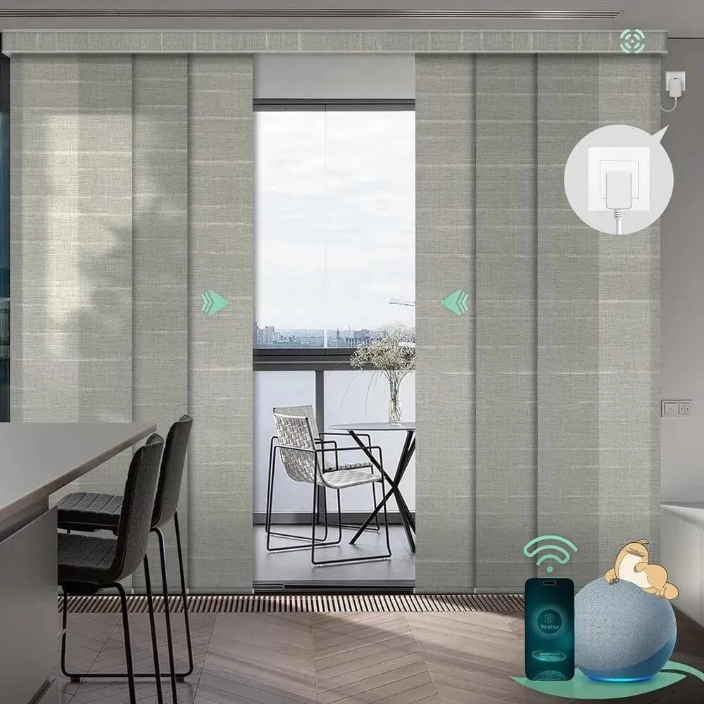 Motorized light filtering vertical panel blinds in woven dune with hardwired motor, ideal for sliding doors and wide windows in living room.