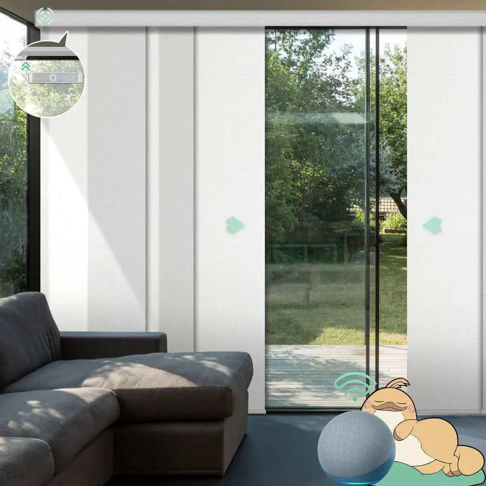 Motorized light filtering vertical panel blinds in starry white with rechargeable motor, ideal for sliding doors and wide windows in living room.