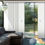 Motorized light filtering vertical panel blinds in starry white with rechargeable motor, ideal for sliding doors and wide windows in living room.