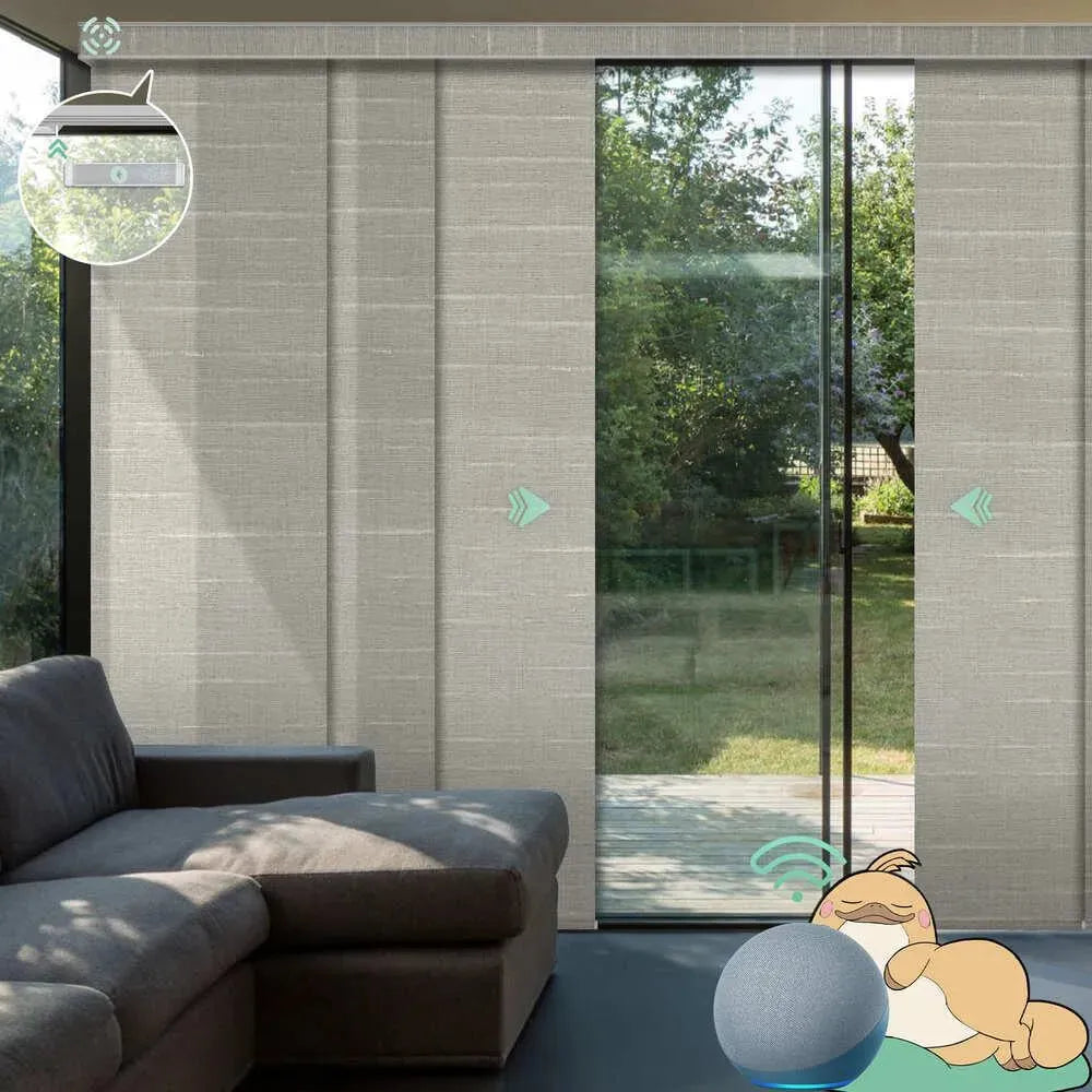 Motorized light filtering vertical panel blinds in woven dune with rechargeable motor, ideal for sliding doors and wide windows in living room.