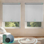 Motorized roller shades with Matter motor in blackout greyish white, offering smooth operation, precise light control, and smart home integration.